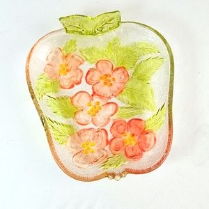 Vintage Glass Handpainted Floral Candy Dish Pink and Green